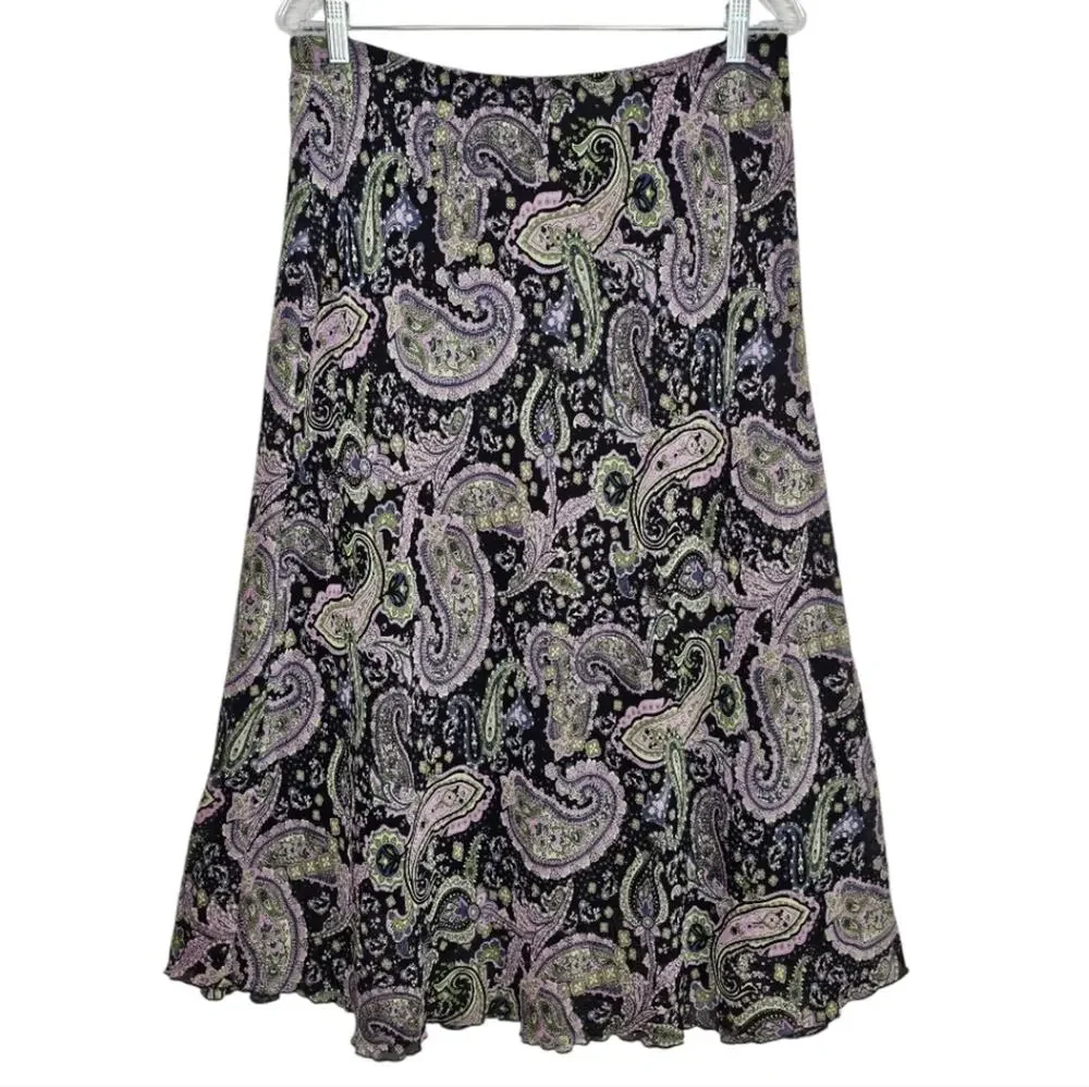 Briggs New York Purple & Green Paisley Sheer Overlay with Ruffled Hem Skirt Sz12